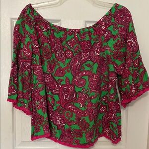 Crown & Ivy Pink XL Petite Hot Pink and Green Ruffled 3/4 Sleeve Blouse